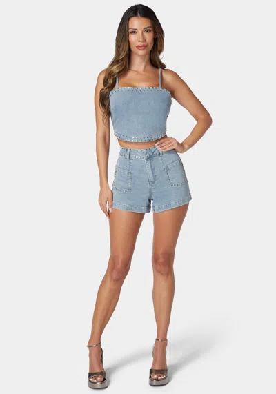 Bebe Studded Detail Denim Shorts In Light Blue Wash