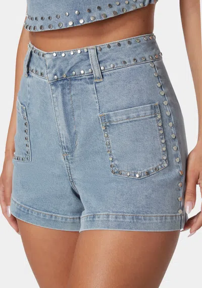 Bebe Studded Detail Denim Shorts In Light Blue Wash