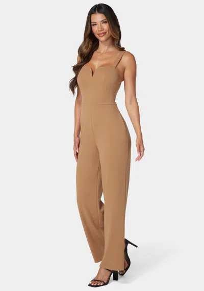 Bebe V Wire Core Jumpsuit In Camel