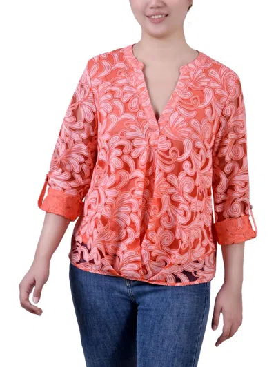 Ny Collection Petites Womens Floral Print V-neck Pullover Top In Multi