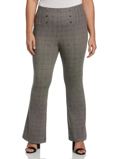Ella Rafaella Plus Size Button Detail Plaid Bootcut Pants In White