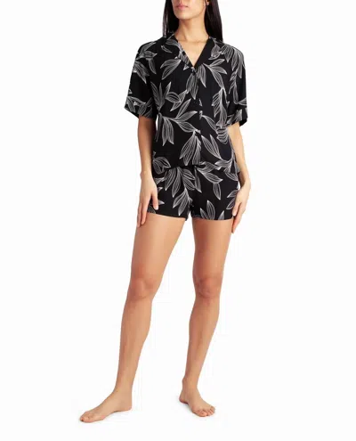 Nicole Miller Woven Shirt And Short Two-piece Sleepwear Set In Black Leaf In Multi