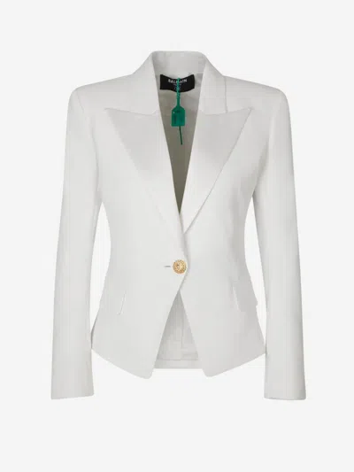 Shop Balmain Grain De Poudre Blazer In Satin Lapels