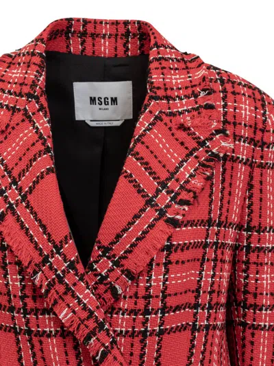 Shop Msgm 'check' Red Cotton Blend Blazer