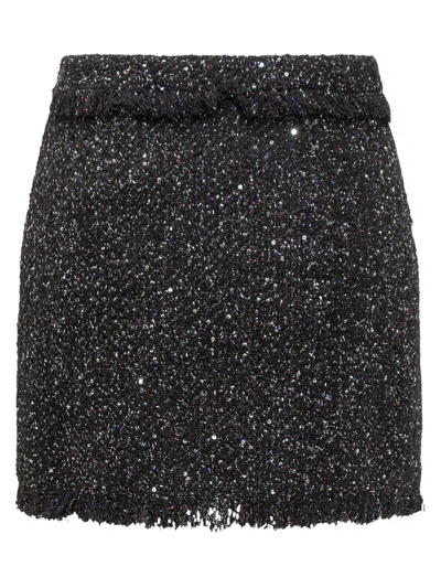 Msgm Black Mini-skirt With Multicolor Sequins In Fringed Fabric Woman In Black