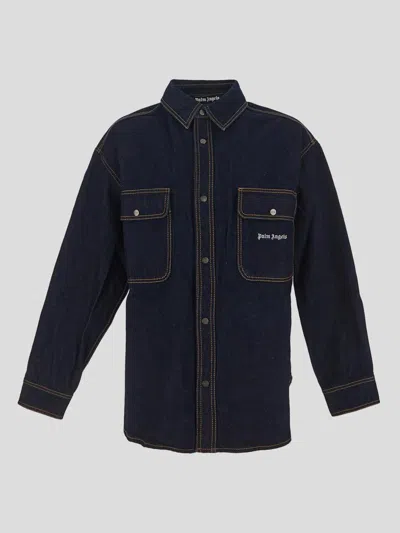 Shop Palm Angels Logo Raw Wash Denim Shirt In Navybluewhite