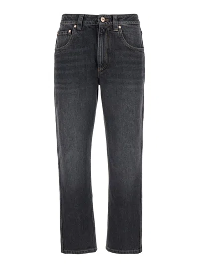 Shop Brunello Cucinelli Grey Straight Jeans With Logo Patch In Denim Woman