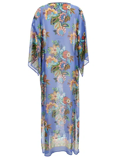 Etro Long Multicolor Kaftan With Bouquet-inspired Print In Viscose Woman In Blue