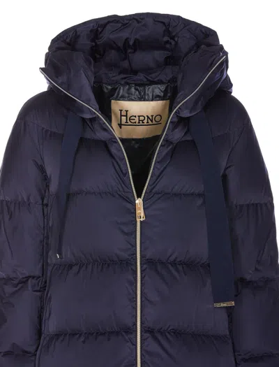 Herno A-shaped Puffer Coat With Hood And Drawstrings In Blue