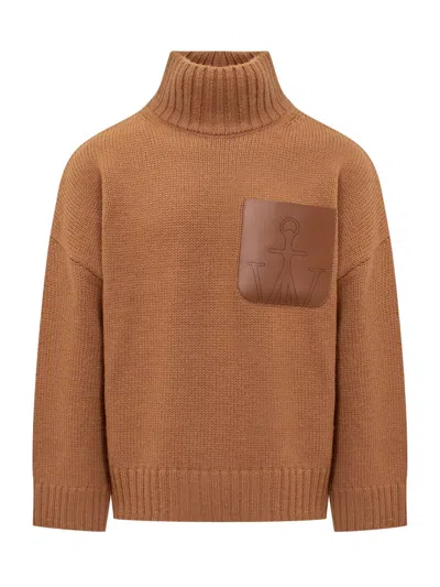 Jw Anderson J. W. Anderson Wool Blend Sweater With Leather Pocket Detail In Brown