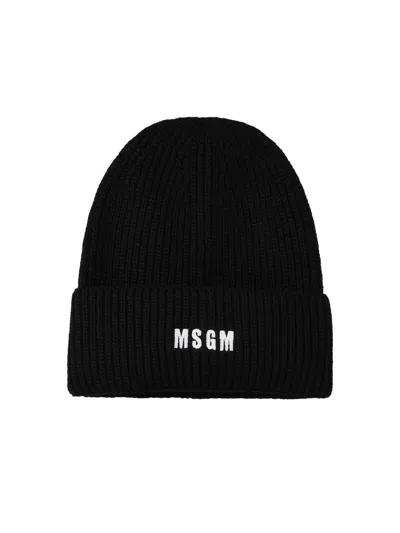 Msgm Black Wool Blend Beanie In Black