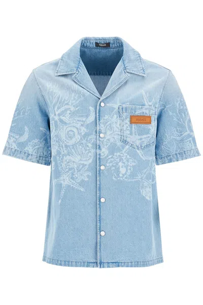 Versace Light Blue Barocco Shirt With Barocco Sea Print