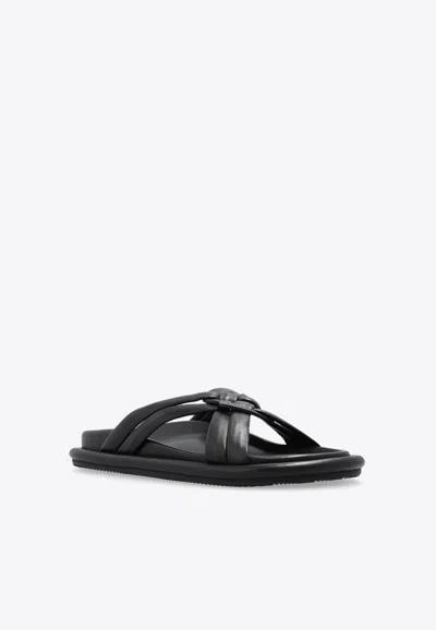 Moncler Bell Crossover-strap Leather Slides In Black