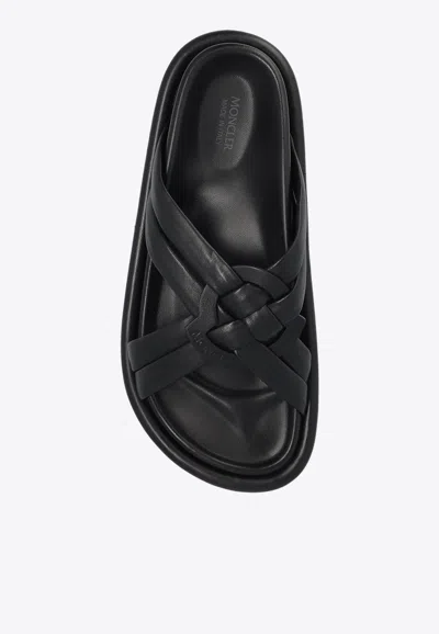 Moncler Bell Crossover-strap Leather Slides In Black