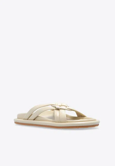 Moncler Bell Leather Crisscross Slide Sandals In Cream