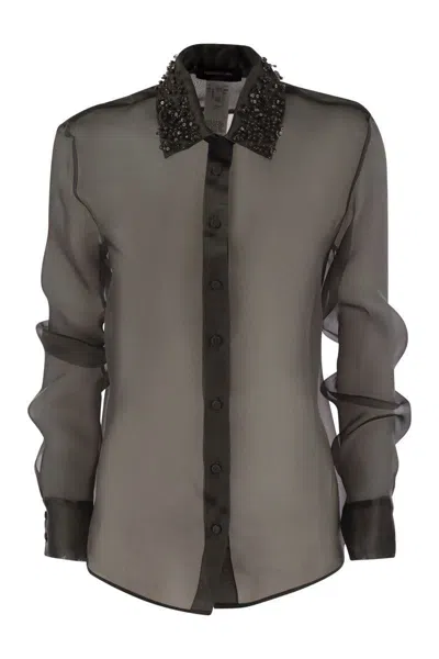 Shop Fabiana Filippi Silk Organza Shirt With Embroidery In Black