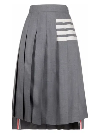 Thom Browne Gray Plain Weave 4-bar Pleated Midi Skirt In Grey