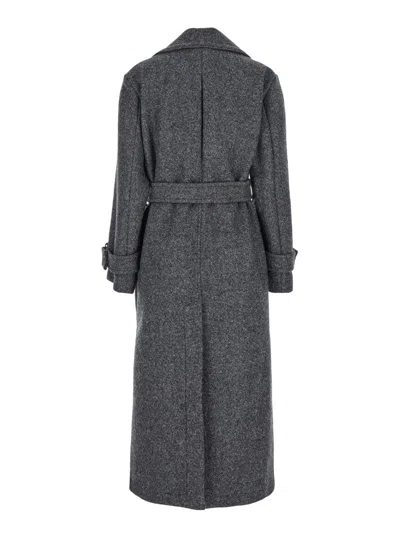 Shop Pinko 'calice' Grey Double-breasted Coat With Matching And Adjustable Belt In Wool Woman