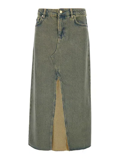 Shop Ganni Maxi Grey Skirts With Slit At The Front In Denim Woman