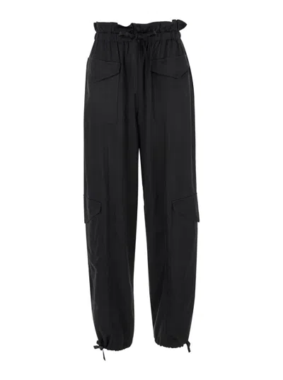 Shop Ganni Black Cargo Pants With Drawstring In Satin Woman