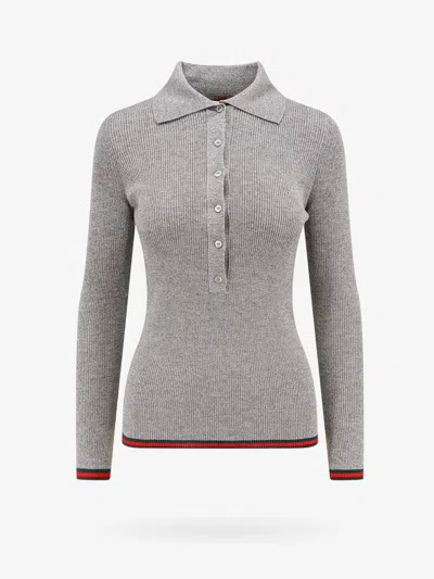 Gucci Cashmere And Silk Polo Top With Web In Grey
