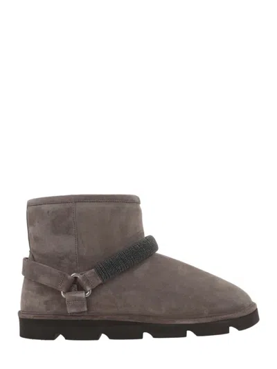 Shop Brunello Cucinelli Suede Ankle Boot With Shiny Strap In Brown