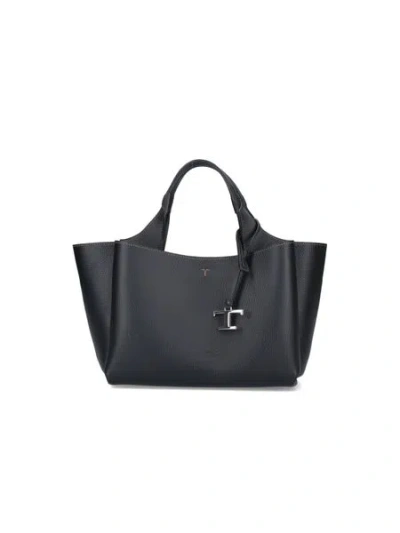 Tod's Logo Plaque Leather Tote Bag In Black