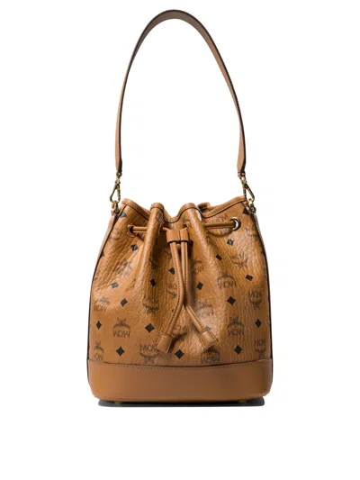 Mcm Adjustable Strap Top Handle Gold-tone Hardware Bucket Bag In Brown