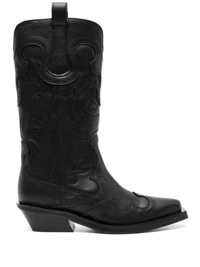 Ganni 40mm Mid Shaft Embroidered Western Boots In Black