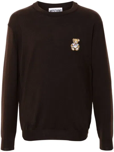Moschino Ribbed Knit Crewneck Sweater In Marrone