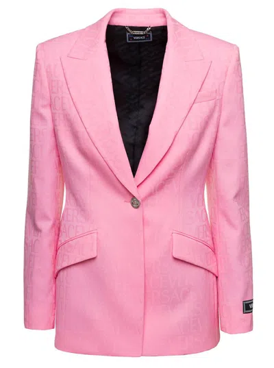 Shop Versace Pink Single-breasted Jacket With All-over Tonal Logo Lettering Print In Wool Woman