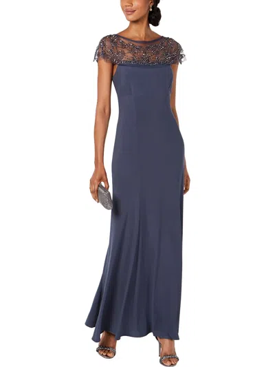 R & M Richards Womens Beaded Black Tie Evening Dress In Blue