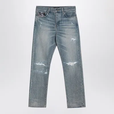 Amiri Light Blue Jeans With Rips And Bandana Detail In Denim Man