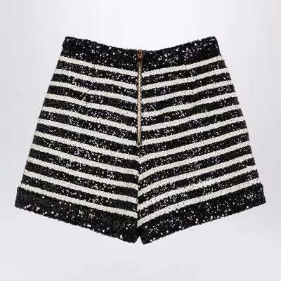 Balmain Black And White Striped Shorts With Jewel Buttons In All-over Sequins Fabric Woman