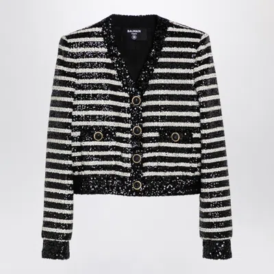 Shop Balmain Short Black/white Striped Jacket With Sequins