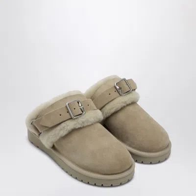 Burberry Buckle Fastening Shearling Suede Mules In Nude