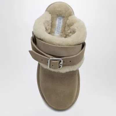 Burberry Buckle Fastening Shearling Suede Mules In Nude