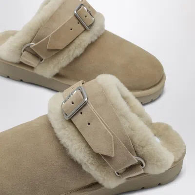 Burberry Buckle Fastening Shearling Suede Mules In Nude