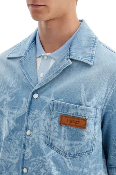 Versace Light Blue Barocco Shirt With Barocco Sea Print