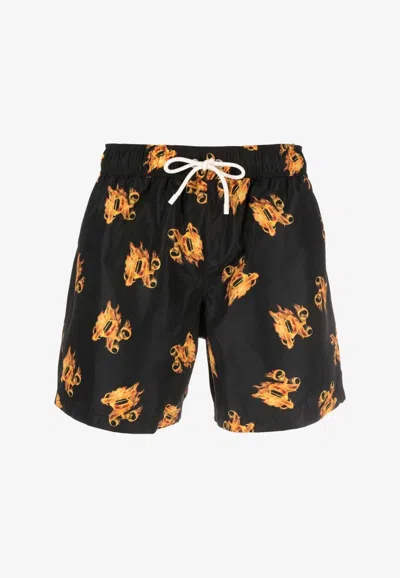 Shop Palm Angels Burning Monogram Swim Shorts In Black