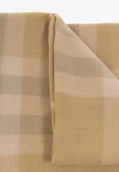 Burberry Check Printed Wool Scarf In Beige