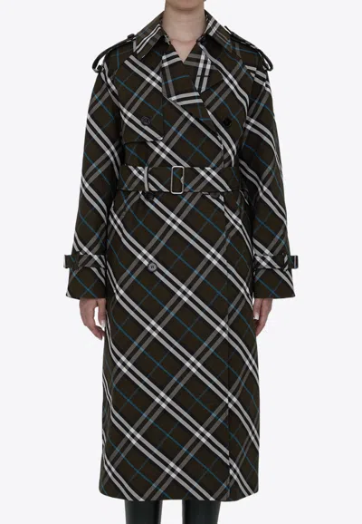 Burberry Green Oversized Double-breasted Trench Coat With Check Motif In Twill Woman In Black