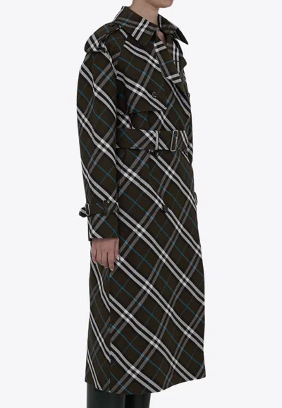 Burberry Green Oversized Double-breasted Trench Coat With Check Motif In Twill Woman In Black