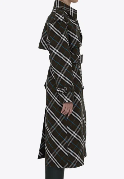 Burberry Green Oversized Double-breasted Trench Coat With Check Motif In Twill Woman In Black