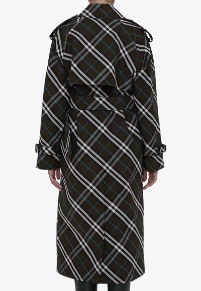 Burberry Green Oversized Double-breasted Trench Coat With Check Motif In Twill Woman In Black
