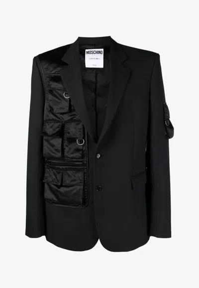 Moschino Checked Wool Cargo Blazer In Gray