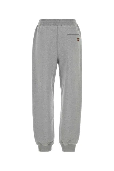 Miu Miu Cotton Fleece Pants With Leather Trim In Grey