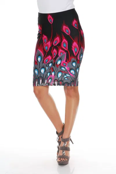White Mark Feather Print Pencil Skirt In Fuchsia Peacock In Black