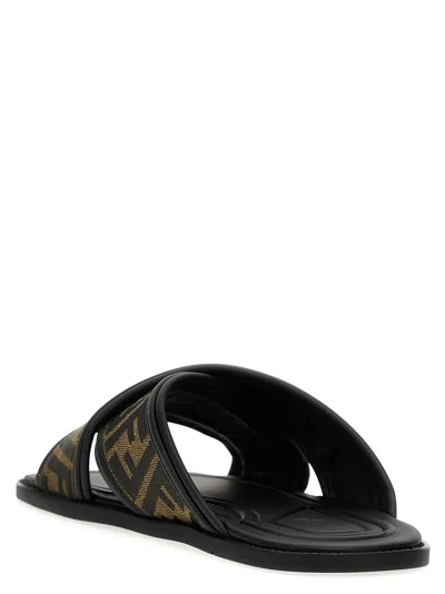 Fendi Double Crossed Band Logo Slides With Jacquard Ff Design In Black