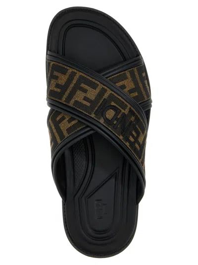 Fendi Double Crossed Band Logo Slides With Jacquard Ff Design In Black